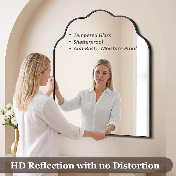 Arched Scalloped Mirror, 30×36Inch Black Bathroom Mirror, Wavy Wall Mounted Vanity Mirror Decor with Aluminum Alloy Frame for Livingroom Bedroom and Entryway, Tempered Glass