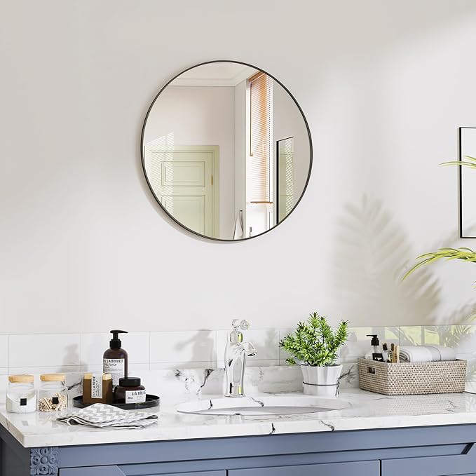 Black Round Bathroom Mirror, 20 inch Circle Wall Mounted Hanging Mirror with Simple Modern Circular Metal Frame for Hallway, Entryway, Living Room, Black Frame