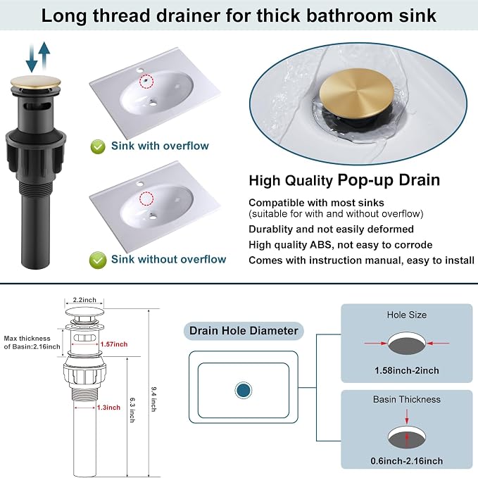 Midanya Waterfall Bathroom Sink Faucet 1 Hole,Gold | with cUPC Hoses,Pop Up Drain,Deck Plate,for 1 or 3 hole sink,Vanity,RV,Lavatory,Basin,Farmhouse,Stainless Steel,Single Handle