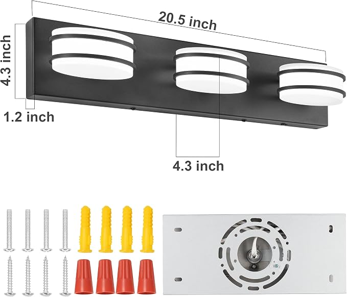 GOODATE 3 Color Temperature Dimmable Bathroom Light Fixtures Over Mirror, LED Black 3 Light Vanity Lighting Fixtures, Acrylic Stainless Steel Oval Shade Vanity Lights for Bathroom, ETL Certificated