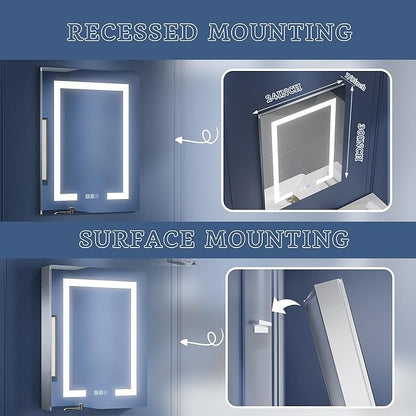 ExBrite LED Lighted Bathroom Medicine Cabinet with Mirror, 24 x 30 Inch, Recessed or Surface Mount, Anti-Fog, Stepless Dimming, Color Temperature Adjustment, 2 Outlets, Storage Shelves, Right Hinge