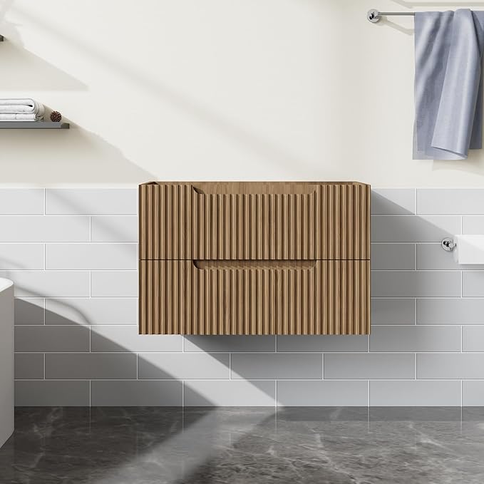 30” Wall-Mount Bathroom Vanity Floating Bathroom Cabinet in Walnut, Sink Basin Not Included