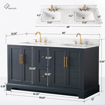 HOMEBEYOND 60 Inch Bathroom Vanity with Double Sink & Ceramic Top, Vanity Cabinet with Center Countertop Basin, Soft-Closing Doors, Backsplash, Vintage Spruce Blue