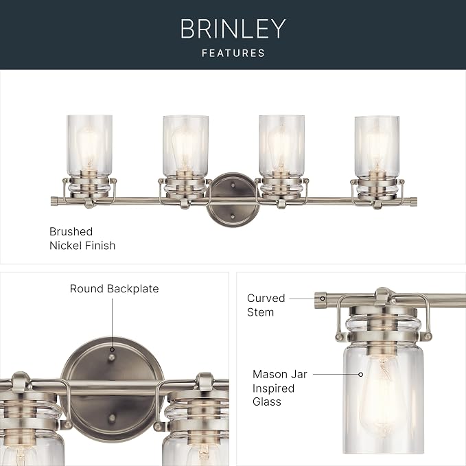 Kichler Brinley 4-Light Farmhouse Vanity Light, Brushed Nickel | Modern farmhouse vanity light with clear glass for bathroom mirrors (32.25" x 10"), 45690NI