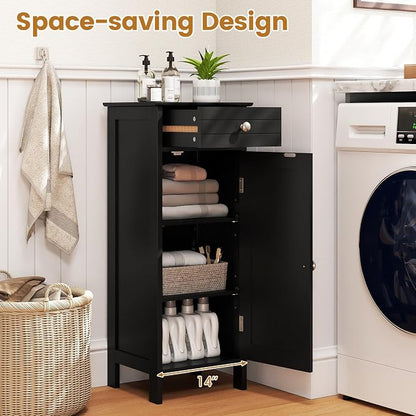 GIANTEX 34.5" Bathroom Cabinet with Drawer & Single Door (Black) | Narrow Side Storage Organizer with 6 Shelf Positions, Freestanding Floor Storage Cabinet for Bathroom, Living Room, Entryway