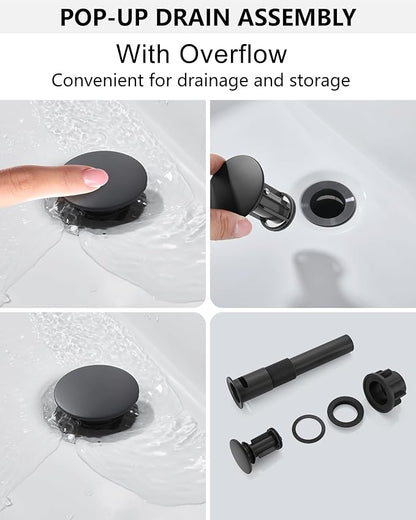 Midanya Bathroom Faucet with Waterfall Spout, Single Hole or 3-Hole Deck Mount, 304 Stainless Steel Sink Faucet with Pop-Up Drain, RV Vanity Compatible,Brushed Gold Handle/Matte Black