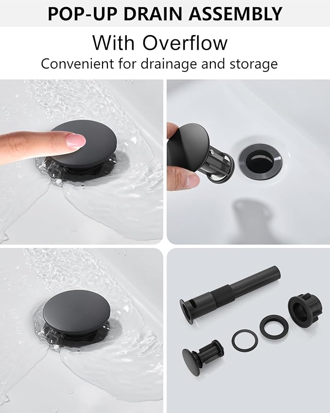 Midanya Bathroom Faucet with Waterfall Spout, Single Hole or 3-Hole Deck Mount, 304 Stainless Steel Sink Faucet with Pop-Up Drain, RV Vanity Compatible,Matte Black