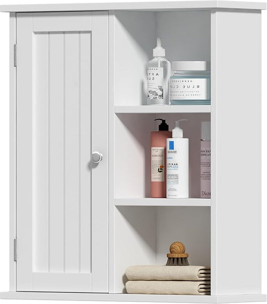 Treocho Bathroom Wall Cabinet, Medicine Cabinet with Door and 3 Open Shelves, Wall Mounted Storage Organizer for Bathroom, Kitchen, Living Room, White
