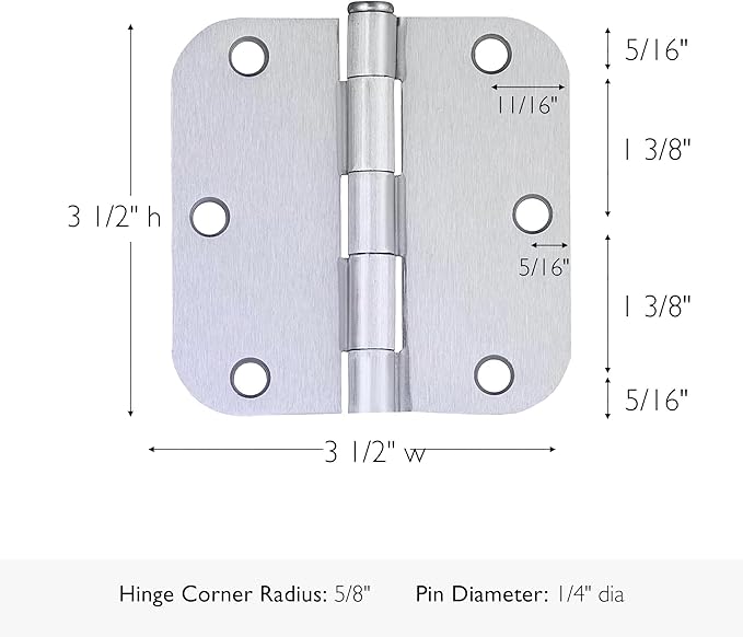 Design House Door Hinge, 3.5 in x 3.5 in, 5/8 in Radius, Interior, Rounded Steel, Removable Pin, Pre-Lubricated, Easy to Install, Brushed Chrome Finish, 9 Pack, 184473