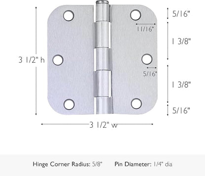 Design House Door Hinge, 3.5 in x 3.5 in, 5/8 in Radius, Interior, Rounded Steel, Removable Pin, Pre-Lubricated, Easy to Install, Brushed Chrome Finish, 9 Pack, 184473