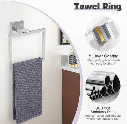 Brushed Nickel Towel Bar Set,5-Piece Bathroom Hardware Set Includes Upgraded Double Base Paper Towel Holder Modern Square Towel Holder Set,Stainless Steel Wall Mount 23.6 Inch