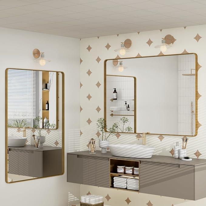 40x30 Inch Gold Bathroom Vanity Mirror | Brushed Metal Frame, Modern Gold Rectangle Mirror, Rounded Corner, Shatterproof, Anti-rust, Hangs Horizontally or Vertically