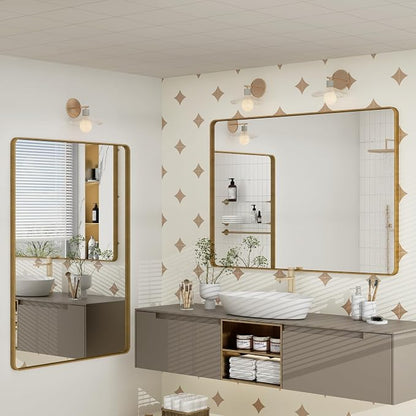 2 Pack of 22x30 Inch Gold Bathroom Mirror Metal Frame | Rounded Rectangle Gold Framed Mirror, Gold Brass Bathroom Vanity Mirror, Anti-Rust, Hangs Horizontally or Vertically