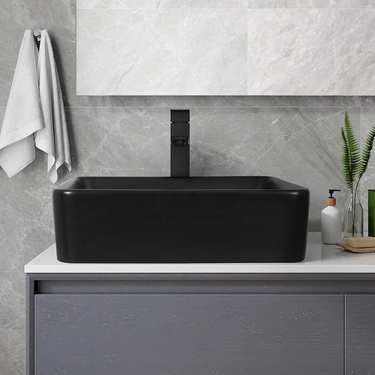 Ceramic Bathroom Sink, Black 19" x 15" Above Counter Porcelain Vessel Sink with Black Faucet and Pop up drain Set, Rectangle