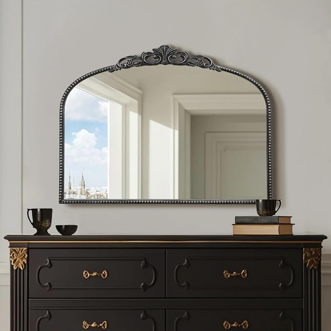 Micasso Vintage Black Wall Mirror: 40"x29" Baroque Antique Arched Mirror | Traditional Ornate French Decorative Mirror for Bedroom/Bathroom/Fireplace/Entryway/Hallway/Dresser/Vanity/Mantel/Nightstand