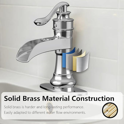 Bathroom Faucet Waterfall Chrome Single Handle Single Hole | Pop Up Drain,Easy to Clean,Stable Installation,Suitable for bathrooms, balconies and laundry room,Elegant Minimalist Style