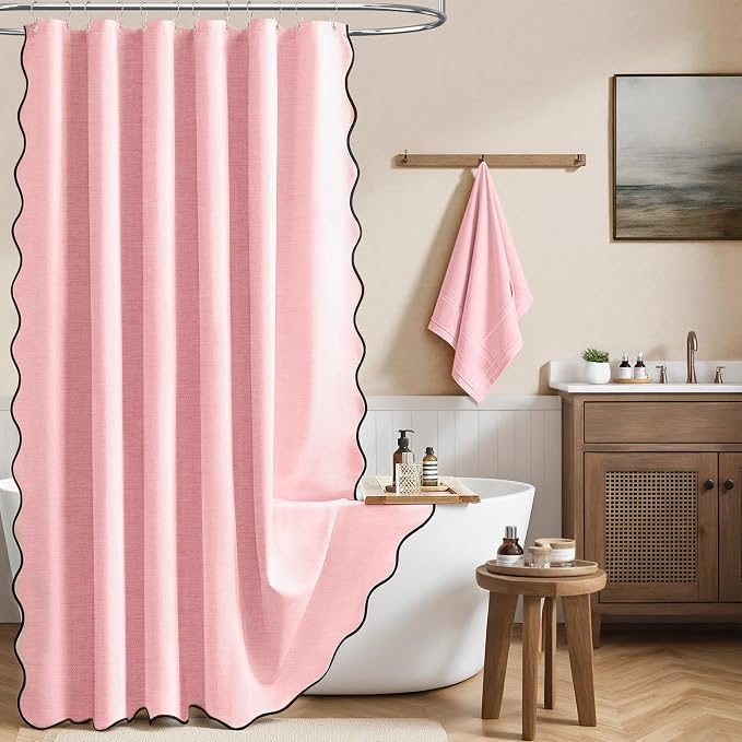 BTTN 84 inch Shower Curtain, Extra Long Scalloped Boho Linen Textured Thick Cloth Shower Curtain Set with 12 Hooks, Large Elegant Modern Waterproof Fabric Shower Curtains for Bathroom, 72x84, Pink