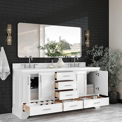 ARIEL Stafford 72-inch Bathroom Vanity with Sink,Solid Wood, 1.5-inch Carrara White Quartz Countertop, Double Rectangular Porcelain Sink, 4 Soft Closing Doors, 6 Dovetail Drawers, White