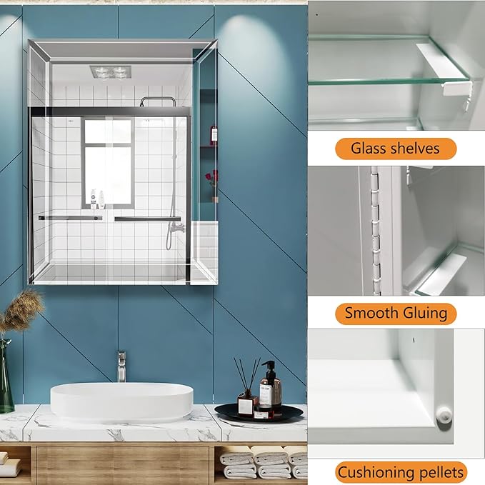 Bathroom Medicine Cabinet with 16x26 Inch Frameless Beveled Edge Mirror, Surface/Recessed Mount Vanity Storage Cabinet for Bathroom