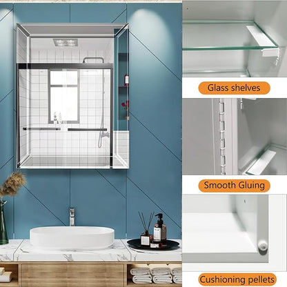 Bathroom Medicine Cabinet with 16x26 Inch Frameless Beveled Edge Mirror, Surface/Recessed Mount Vanity Storage Cabinet for Bathroom