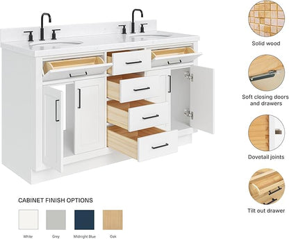 ARIEL Hepburn 60-inch Bathroom Vanity with Sink,Solid Wood, 1.5-inch Carrara White Quartz Countertop & Backsplash, Double Oval Porcelain Sink, 4 Soft Closing Doors, 6 Dovetail Drawers, White
