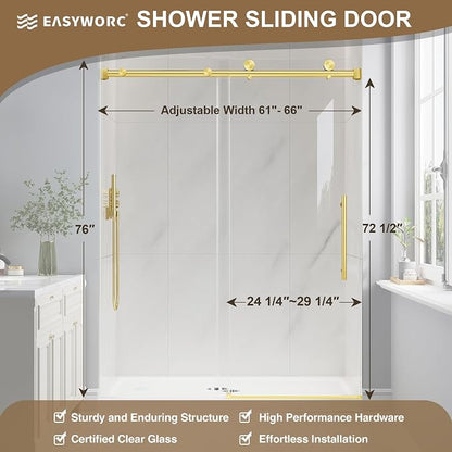 61-66" W x 76" H Frameless Sliding Shower Doors Brushed Gold | 1/4''(6mm) Tempered Glass,Explosion Proof Film,Nano Coating,Stainless Steel Hardware,Easy to Clean,Customizable Width