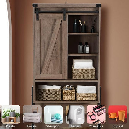 Over Toilet Storage Cabinet with Barn Door & Adjustable Shelves | 24 Inch Wide Bathroom Organizer, Space-Saving, Sturdy Wood, Anti-Tipping, Easy Assembly, for Restroom, Laundry, Small Spaces