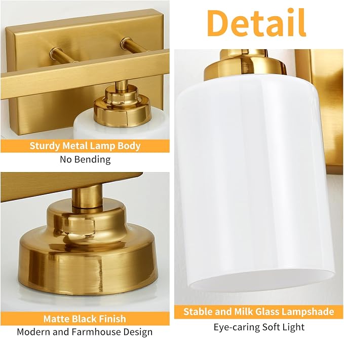 Bathroom Light Fixtures, Vanity Light Over Mirror Gold 2-Light Fixture | Modern bathroom vanity light fixture with metal frame, ideal for mirrors, bedrooms and hallways. Fits E26 bulbs.