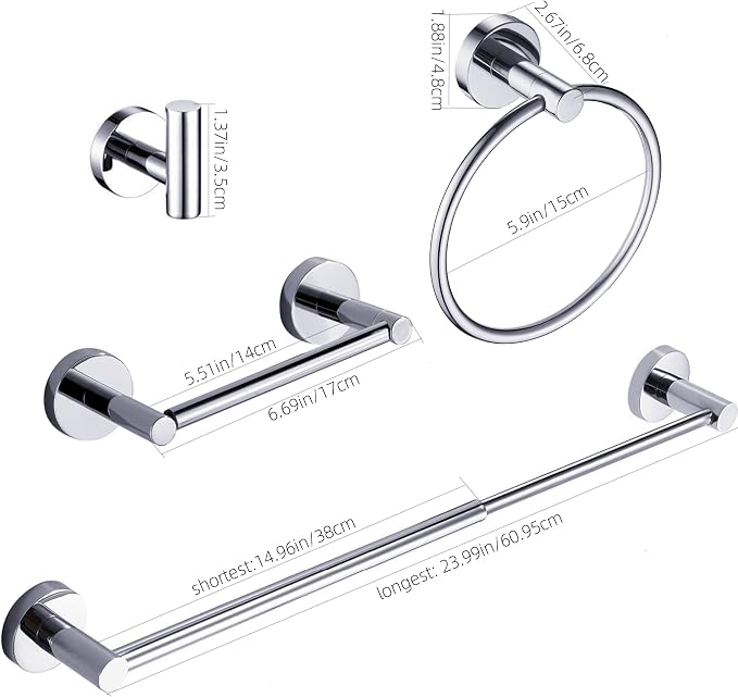 Chrome Bathroom Accessories, Polished Silver Bathroom Hardware Set Includes Double Post Toilet Paper Holder 15 to 24 Inch Towel Bar Towel Ring Robe Hook 4 Pieces Hand Towel Holder Wall Mount