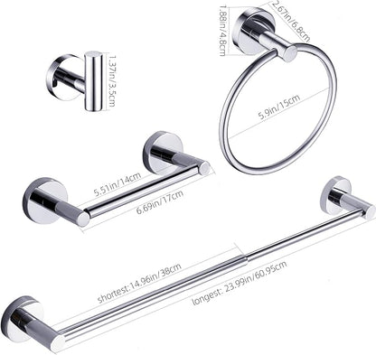 Chrome Bathroom Accessories, Polished Silver Bathroom Hardware Set Includes Double Post Toilet Paper Holder 15 to 24 Inch Towel Bar Towel Ring Robe Hook 4 Pieces Hand Towel Holder Wall Mount