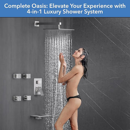 VANFOXLE Shower Faucet Set Brushed Nickel Shower System,Four Modes Shower Faucet with 2 in 1 Handheld,Wall Mount 10 Inch Shower Head with Waterfall Spout, 4 PCS Dual Modes Body Jets