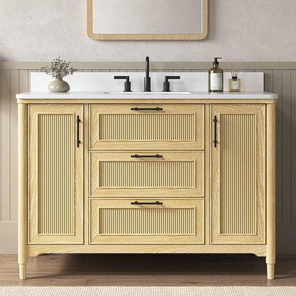 48 Inch Bathroom Vanity with Sink, Solid Wood Frame Single Sink Bathroom Vanity with Quartz Countertop, Bathroom Storage Cabinet with Soft Closing Doors & Dovetail Drawers, Light Oak