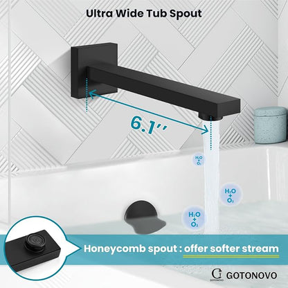 gotonovo Bathtub Shower Faucet Set, 10 Inch Shower Head, Matte Black | Wall Mounted Shower System with Tub Spout for Bathroom, Square High Pressure Rain Shower head with Handheld Spray, All Metal