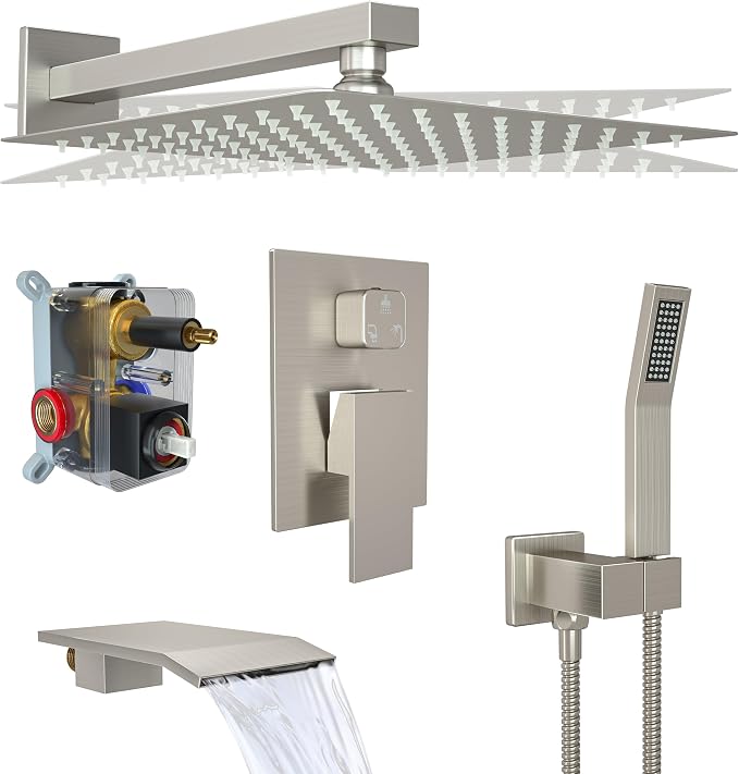 Rain Shower System High Pressure Shower Head 12 inch with Tub Spout,Wall Mounted Waterfall Bathroom Shower Faucet Sets Complete with Handheld Spray,Shower Valve and Trim kit,Brushed Nickel