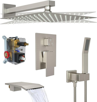 Rain Shower System High Pressure Shower Head 12 inch with Tub Spout,Wall Mounted Waterfall Bathroom Shower Faucet Sets Complete with Handheld Spray,Shower Valve and Trim kit,Brushed Nickel