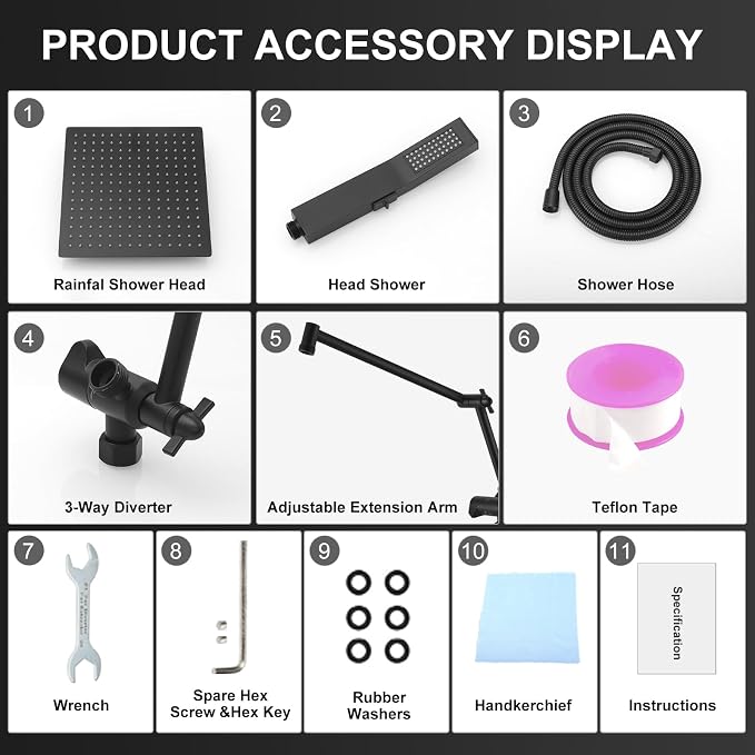All Metal 12 Inch Rain Shower Head with Handheld Spray Combo, High Pressure Waterfall Rainfall Square Shower Heads with 16" Adjustable Extension Arm, Dual Showerhead with 3-Way Diverter, Matte Black
