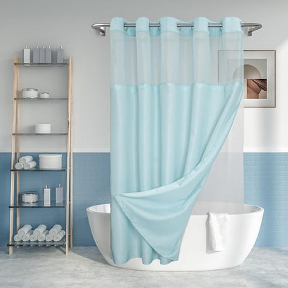 River Dream No Hook Shower Curtain with Snap-in Liner Set, Blue, 71x74 | Snap on/off Waterproof PEVA Liner, See Through Top Window, Slub Textured, Hotel Style Shower Curtain Set, Standard Size