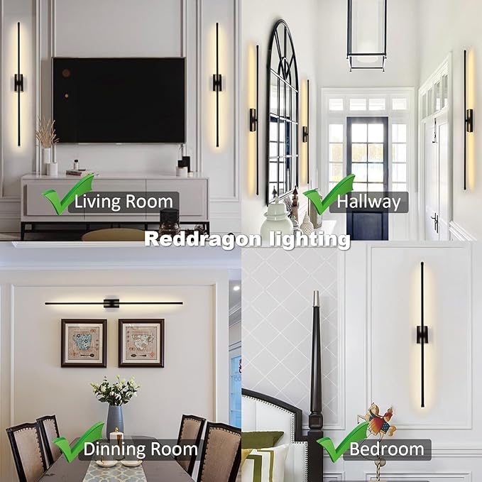 Only Suitable for Small Junction Box Set of 2 Dimmable Hardwired Linear Black LED Wall Sconce Narrow Small Base 40 Inch Vanity Wall Light for Living Room Bedroom (2 Pack, 40'', Black, Dimmable)