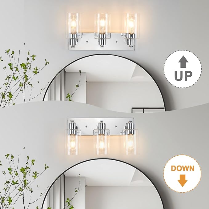 3 Lights Bathroom Light Fixtures Chrome Vanity Light with Clear Glass Shade 18in Modern Bathroom Lighting Fixtures Over Mirror for Bedroom/Living Room