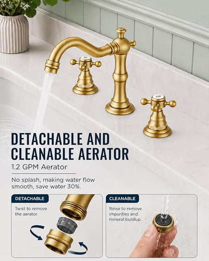gotonovo Bathroom Faucet 3 Hole Vintage, Antique Brass, Script Font Label | Widespread Bathroom Sink Faucet 8 Inch 2 Cross Handles,Pop Up Drain,cUPC Supply Line,4-15.7” Install,for Vanity Farmhouse RV