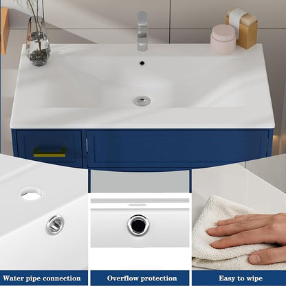 Blue Bathroom Vanity with Sink 36inch | 2 Doors and 3 Drawers | Wood Storage Basin Cabinet with Ceramic Basin for Home and Office
