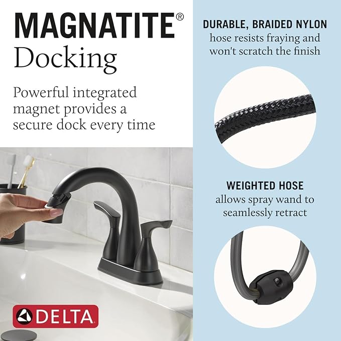 Delta Broadmoor Centerset Matte Black Bathroom Faucet with Sprayer, 4 Inch 3 Hole Bathroom Sink Faucet with Pull Out Sprayer, Push-Pop Drain, Matte Black 25765LF-BLPD