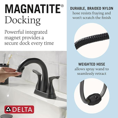 Delta Broadmoor Centerset Matte Black Bathroom Faucet with Sprayer, 4 Inch 3 Hole Bathroom Sink Faucet with Pull Out Sprayer, Push-Pop Drain, Matte Black 25765LF-BLPD