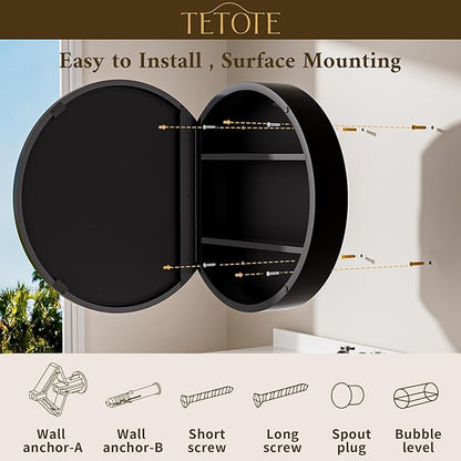 TETOTE Bathroom Mirror Cabinet 30 x 30 Black Round Bathroom Medicine Cabinet with Mirror Adjustable Shelves Farmhouse Wall Mirror with Storage Surface Mounted