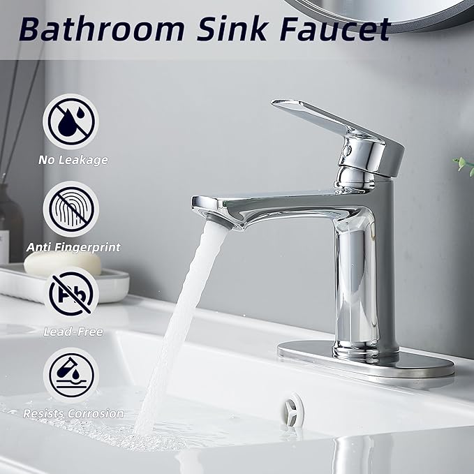 BELZ Chrome Bathroom Faucet, Modern Single Handle One Hole Bath Vanity Sink Faucets with Pop Up Drain and Deck Plate for 1 or 3 Holes