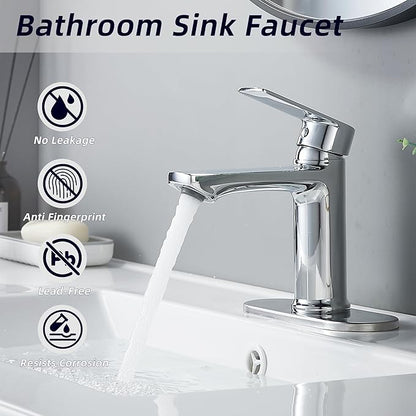 BELZ Chrome Bathroom Faucet, Modern Single Handle One Hole Bath Vanity Sink Faucets with Pop Up Drain and Deck Plate for 1 or 3 Holes