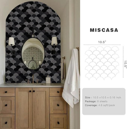 Fish Scale Black Peel and Stick Backsplash Tile, Fan Mosaic Self Adhesive Wall Tiles for Kitchen Bathroom-12 Sheet