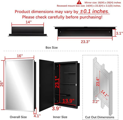 Fundin Black Medicine Cabinet Recessed or Surface Mount, Bathroom Medicine Cabinet with 16 x 26 Beveled Mirror and Adjustable Staggered Shelves