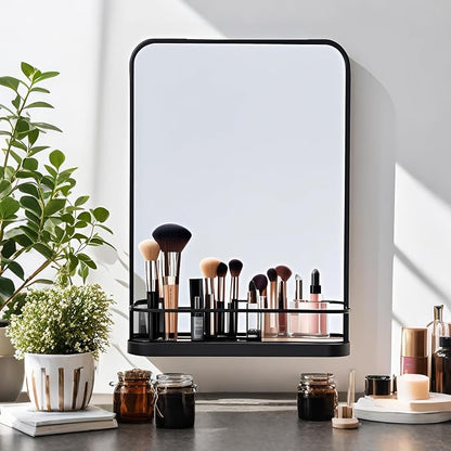 VASUHOME Black Bathroom Mirror with Shelf - Bathroom Vanity Mirror with Metal Frame with Rounded Corners - 26.8" x 21.3" - Perfect for Living Room, Bedroom, Bathroom, Entryway