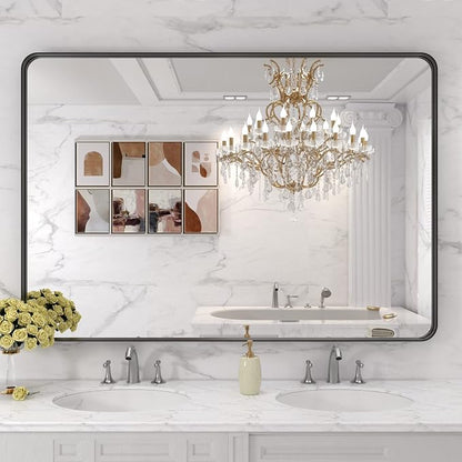 LOAAO 48X30 Inch Black Metal Framed Bathroom Mirror for Wall, Matte Black Bathroom Vanity Mirror Farmhouse, Large Rounded Rectangle Mirror, Anti-Rust, Tempered Glass, Hangs Horizontally or Vertically | Matte Black, Rounded Rectangle, Anti-Rust, Tempere...